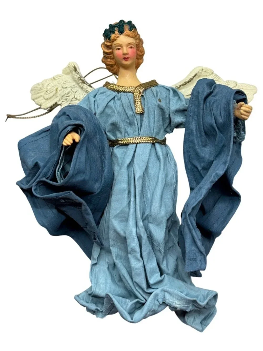 Vintage Angel Christmas Tree Ornament Blue Gown Gold Trim Wings Handcrafted READ